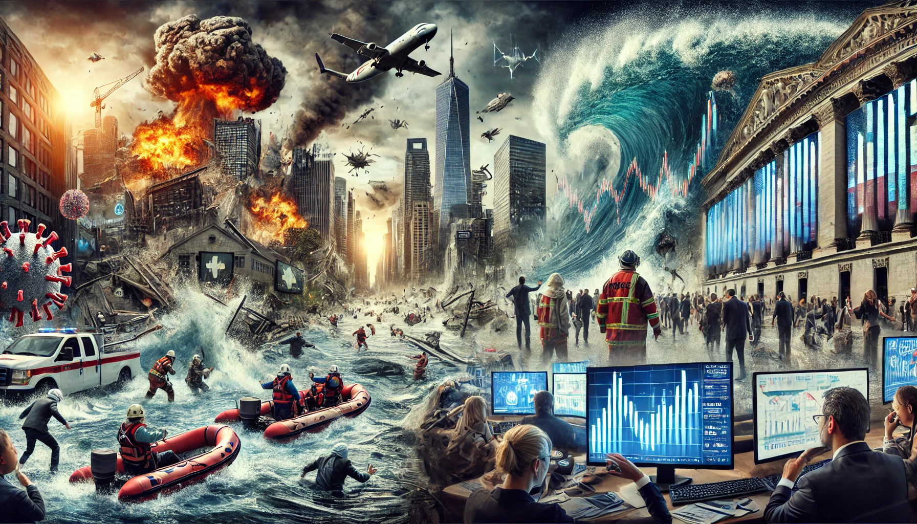 Ein Bild das verschiedene globale Krisen wie Naturkatastrophen, Finanzkrisen, Pandemien, Cyberangriffe und politische Unruhen visuell darstellen. Es zeigt die dramatischen Auswirkungen auf Wirtschaft, Versicherungen und Gesellschaft.