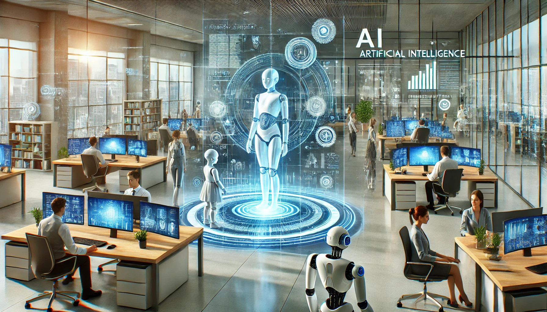 Ein futuristisches Büro mit menschenähnlichen Robotern
